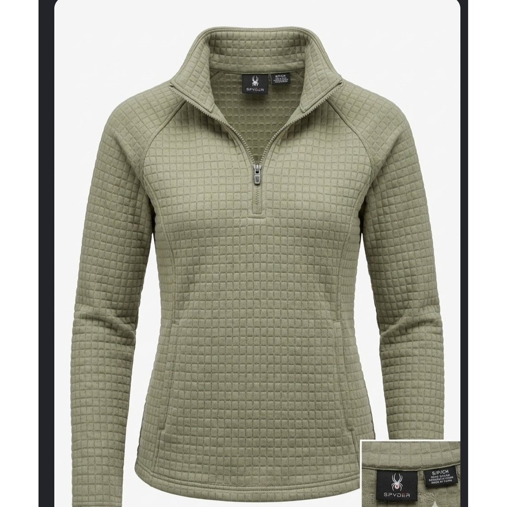 Spyder Womens Sage Green Grid Waffle Knit Quarter Zip Pullover Sweatshirt Small